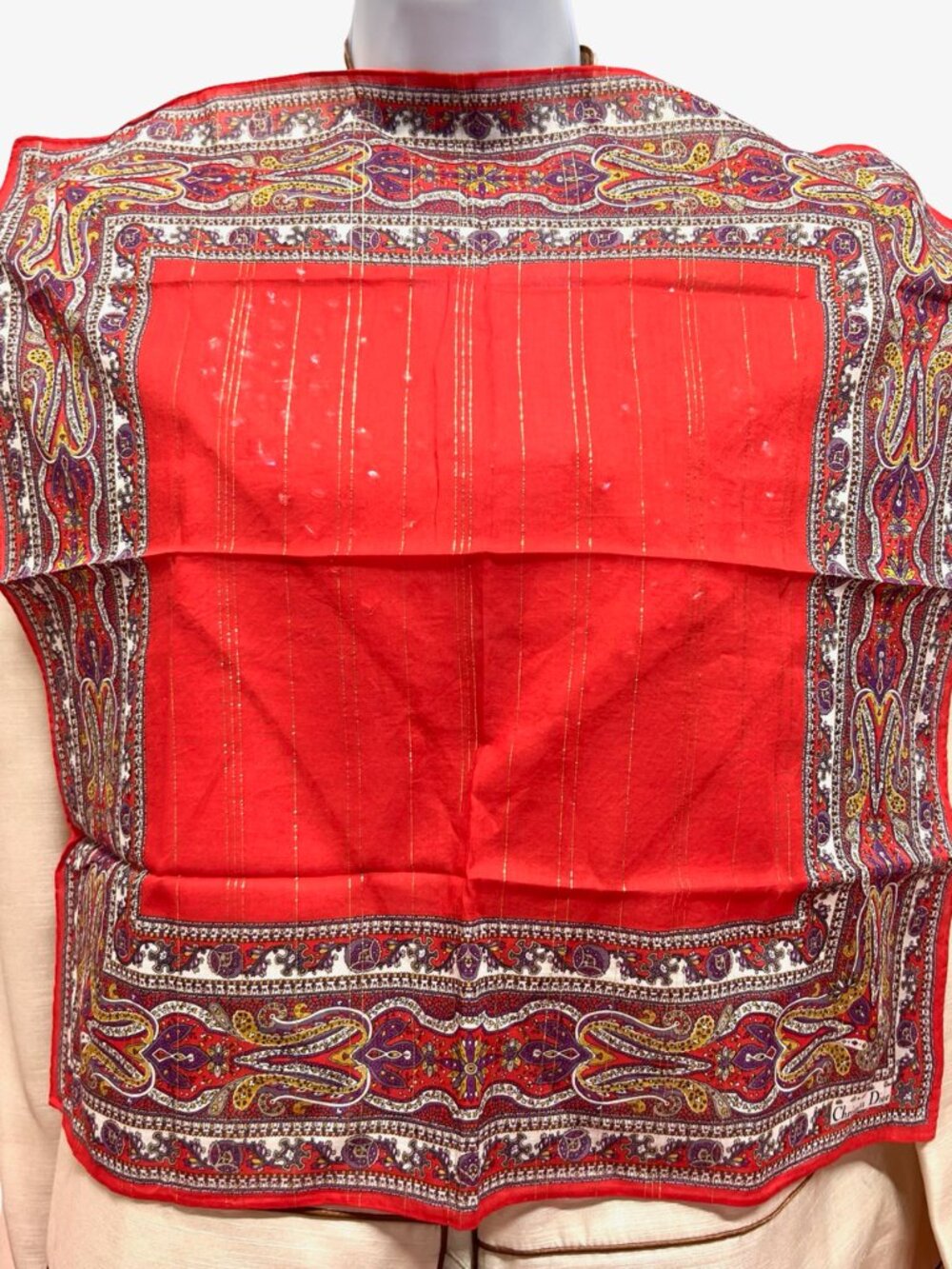 2)  New - Christian Dior  cotton made 19  Mini scarf/Neck-kerchief red floral(44 - Picture 12 of 14